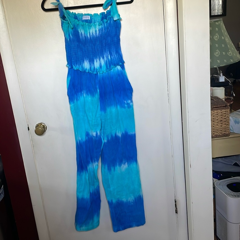 4Our Dreamers Blue and Aqua Ruffled jumpsuit with pockets. Tie dyed. Soft. XS.